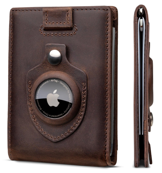 SERMAN BRANDS AirTag Wallet - RFID Blocking Mens Minimalist Money Clip Wallet for Airtag - Full Grain Leather - Slim Bifold. Front Pocket Apple Air tag Wallets for men. Gift (Texas Brown 1.0 Air)