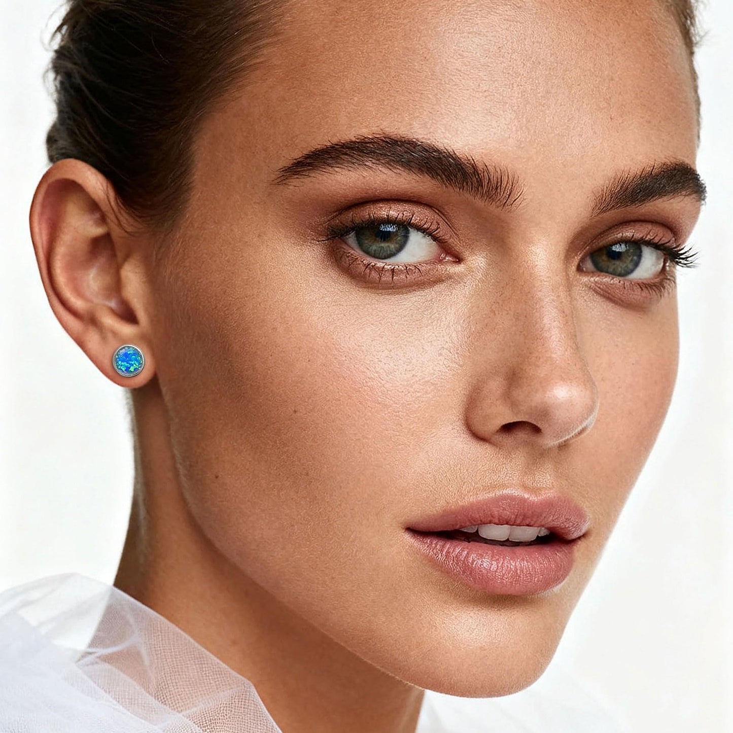 JiayangJY Silver Blue Fire Opal Stud Earrings for Women 18K White Gold Plated Sterling Silver Round Shape 7mm Opal Earrings with Push Back