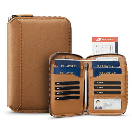 VULKIT Leather Passport Holder for 4-8 Passports Family RFID Blocking Passport Wallet with Zipper Travel Documents Organizer for Men or Women (Brown)