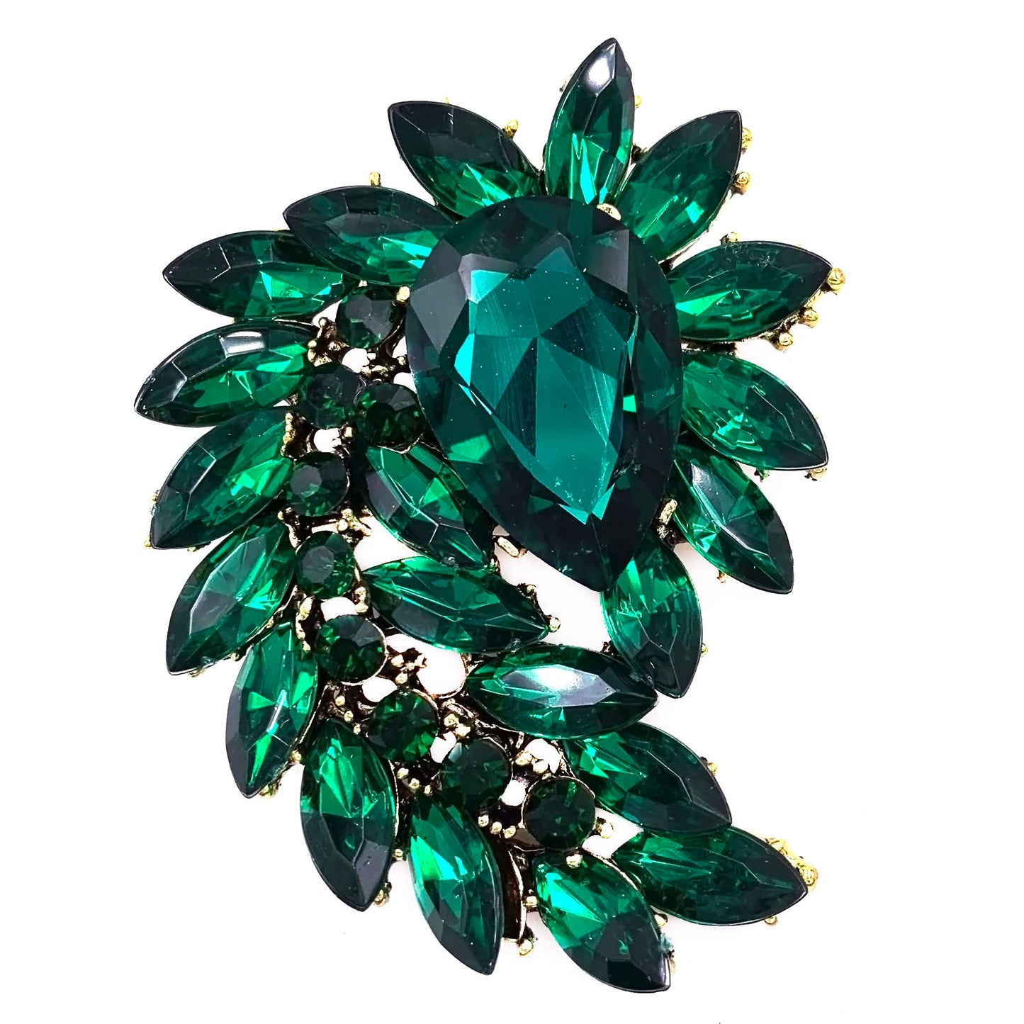 SELOVO Marquise Shape Large Flower Green Brooch Pin Jewelry Antiqued Gold Tone