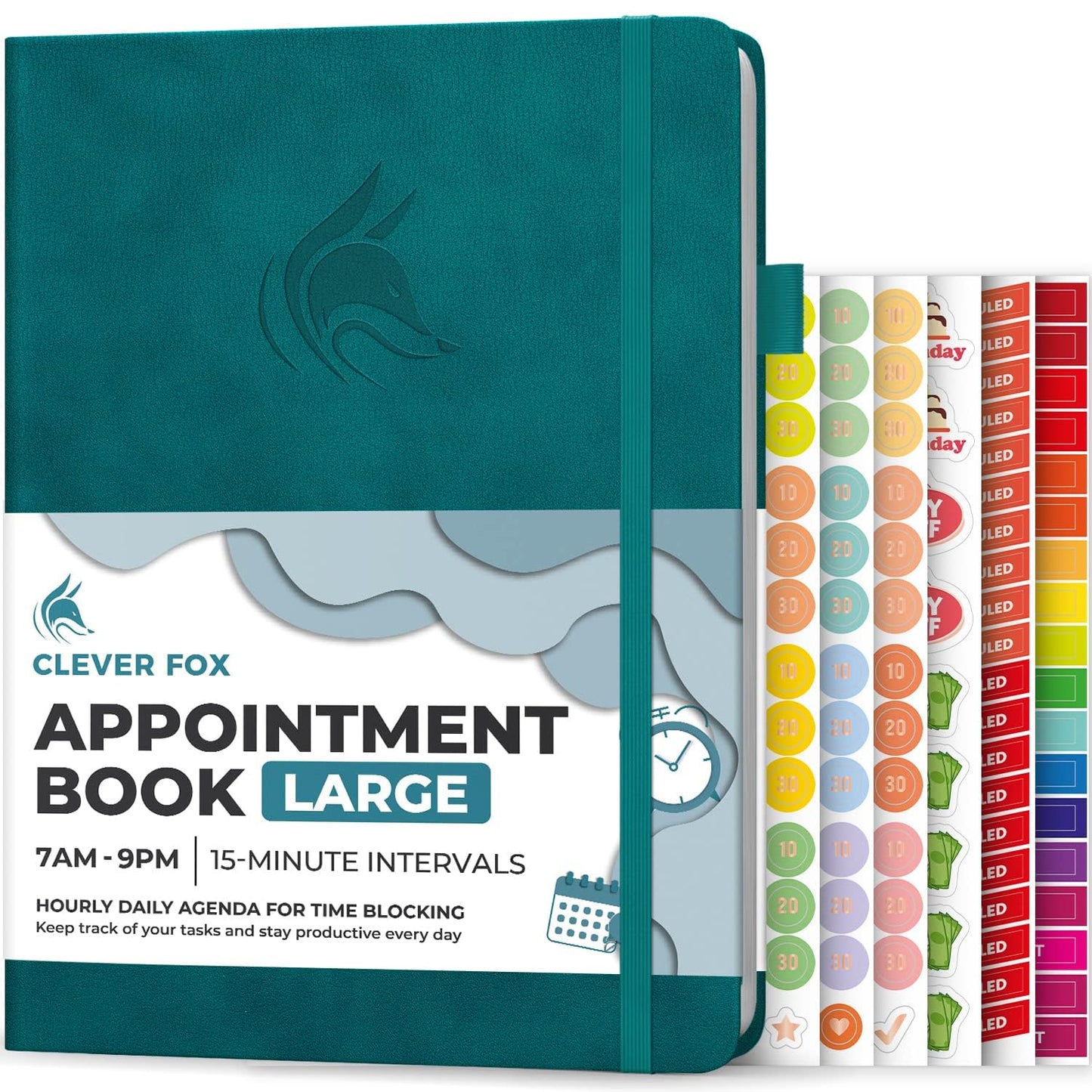 Clever Fox Appointment Book – Hourly Schedule Planner with 15-Minute Increments – Time Box Planner for Daily Work & To-Dos – Weekly & Monthly Spreads, Undated, Hardcover, 8.3x11″ (Dark Teal)