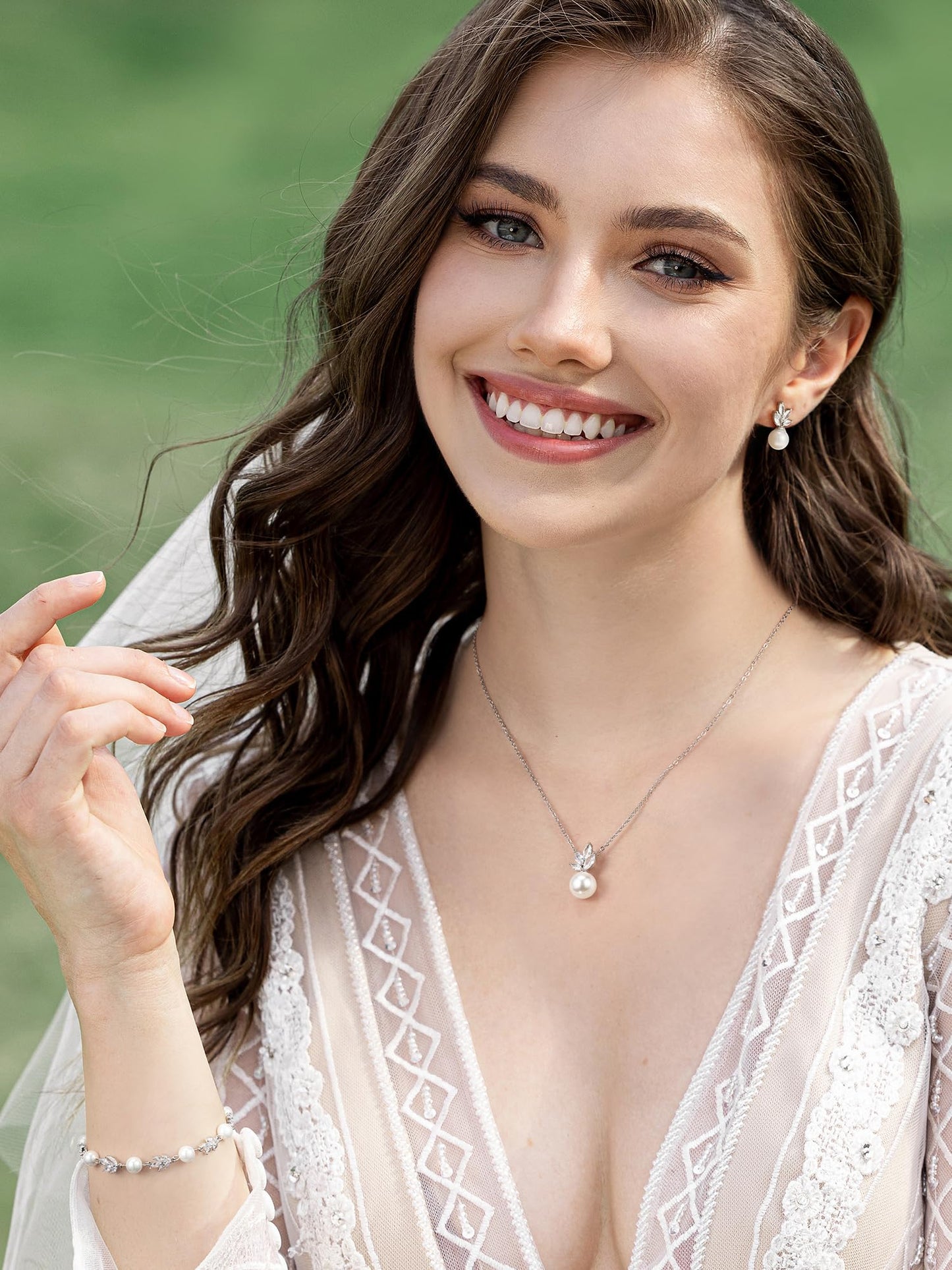 SWEETV Bridal Jewelry Set for Wedding, Cubic Zirconia Pearl Floral Bridal Earrings Necklace Bracelet Set, Silver Jewelry Set for Bride Women