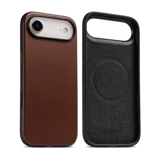 KORDIZ Impact Leather Case for iPhone 17 Air – Full-Grain Leather MagSafe Case with Camera Control Button – 360° Shockproof Bumper – Rugged Patina-Ready Protection – Slim Grip Cover (Dark Brown)