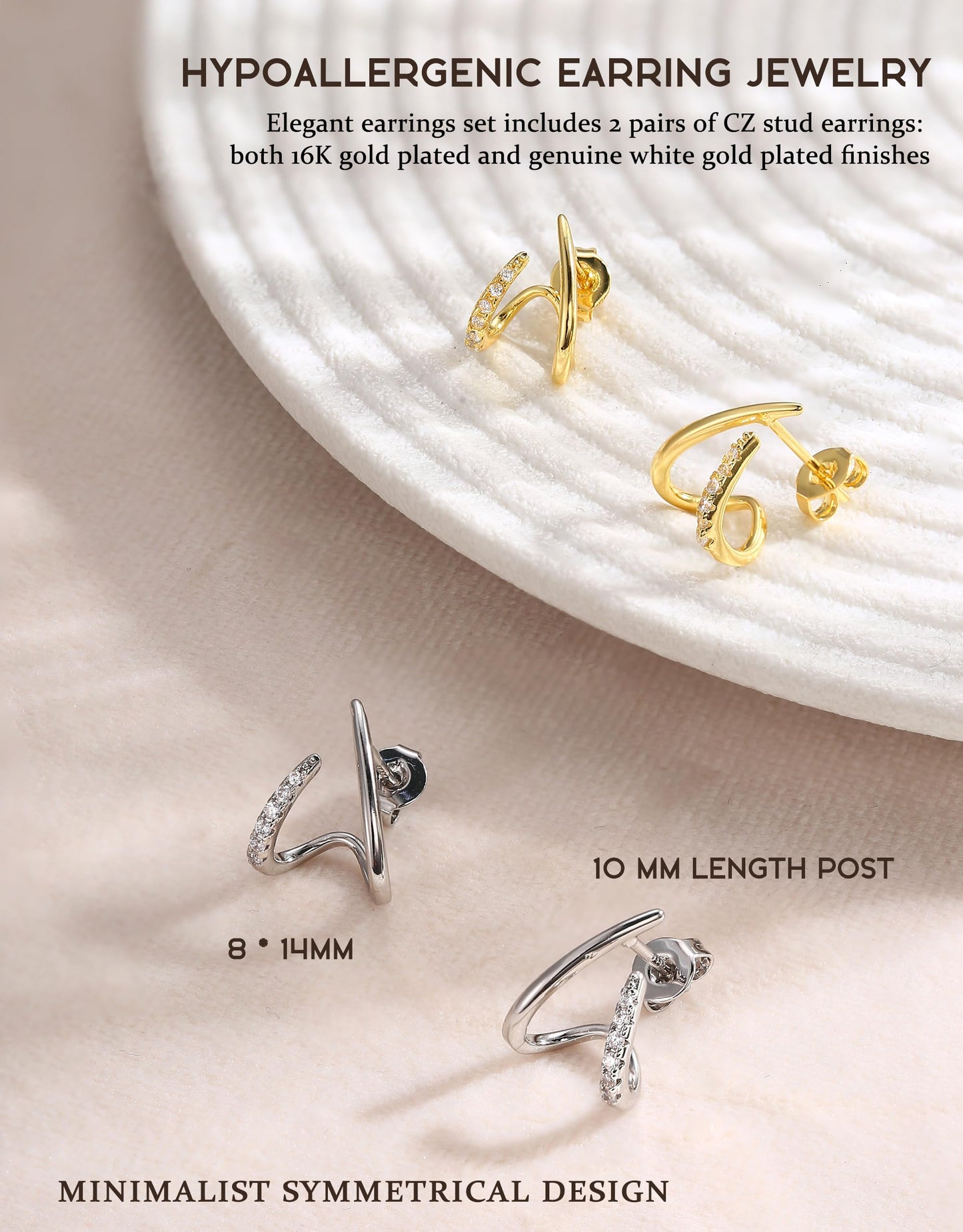 KRFY 2 Pairs Stud Earrings for Women, 16K Plated Gold Earrings for Women Trendy S925 Sterling Silver Post, Dainty Hypoallergenic Silver Earring Jewelry with Clear CZ No Tarnish