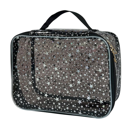 TotePrint Star Pattern PVC Waterproof Makeup Bag - 9.84×7.09×3.94inch Cosmetic Organizer with Handles for Women & Men, Travel Toiletry Bag (Black)