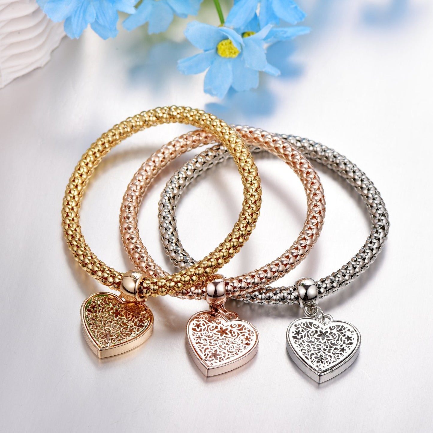 SILANER Crystal Charms Multilayer Bracelets - 3PCS Gold/Silver/Rose Gold Corn Chain Bracelet for Women, Tree of Life Heart Shaped Stretch Bracelet (Heart Charm Bracelets)