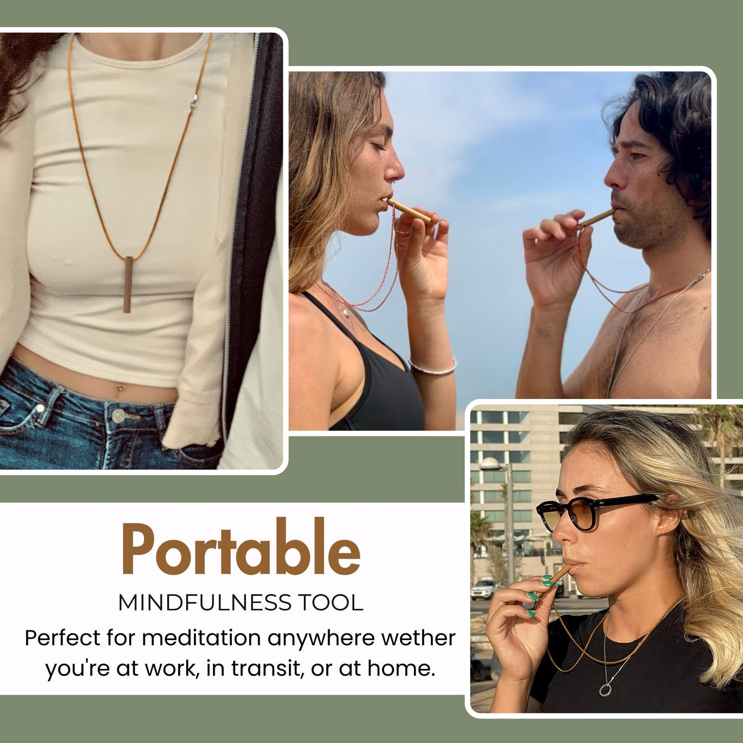 MyCalmAir Bamboo Breathing Necklace for Meditation, Mindfulness Tool, Stress Reducer, Eco-Friendly Breathe Pendant, Portable Relaxation Gift for Men & Women (Gold)