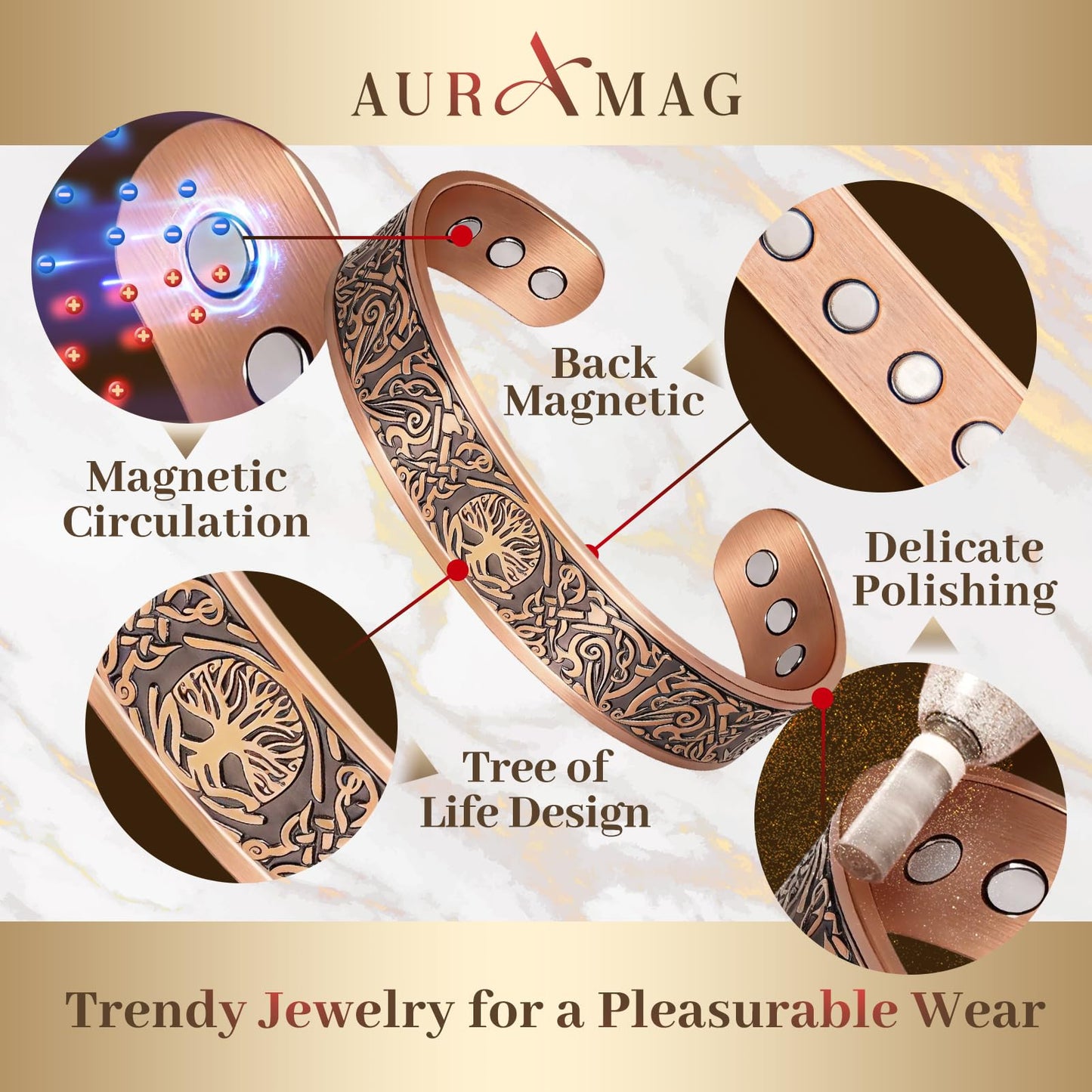 Auramag Bracelets for Men, 99.99% Pure Copper Magnetic Bracelets for Women, Adjustable Jewelry with Gift Box, Valentine's Day Jewelry Gift