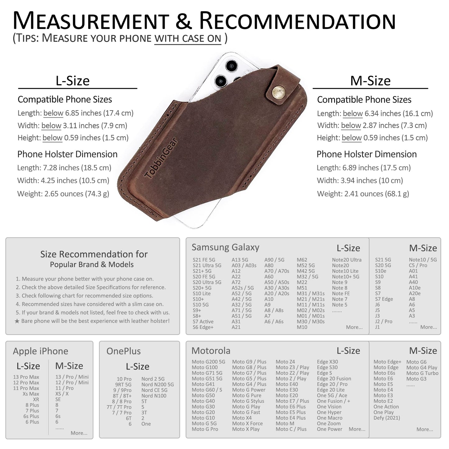 TobbinGear Leather Cell Phone Holster with Belt Clip, Universal Phone Holster for Men Belt Holder, Leather Case for iPhone, Samsung Galaxy Phones, Dark Brown, Large
