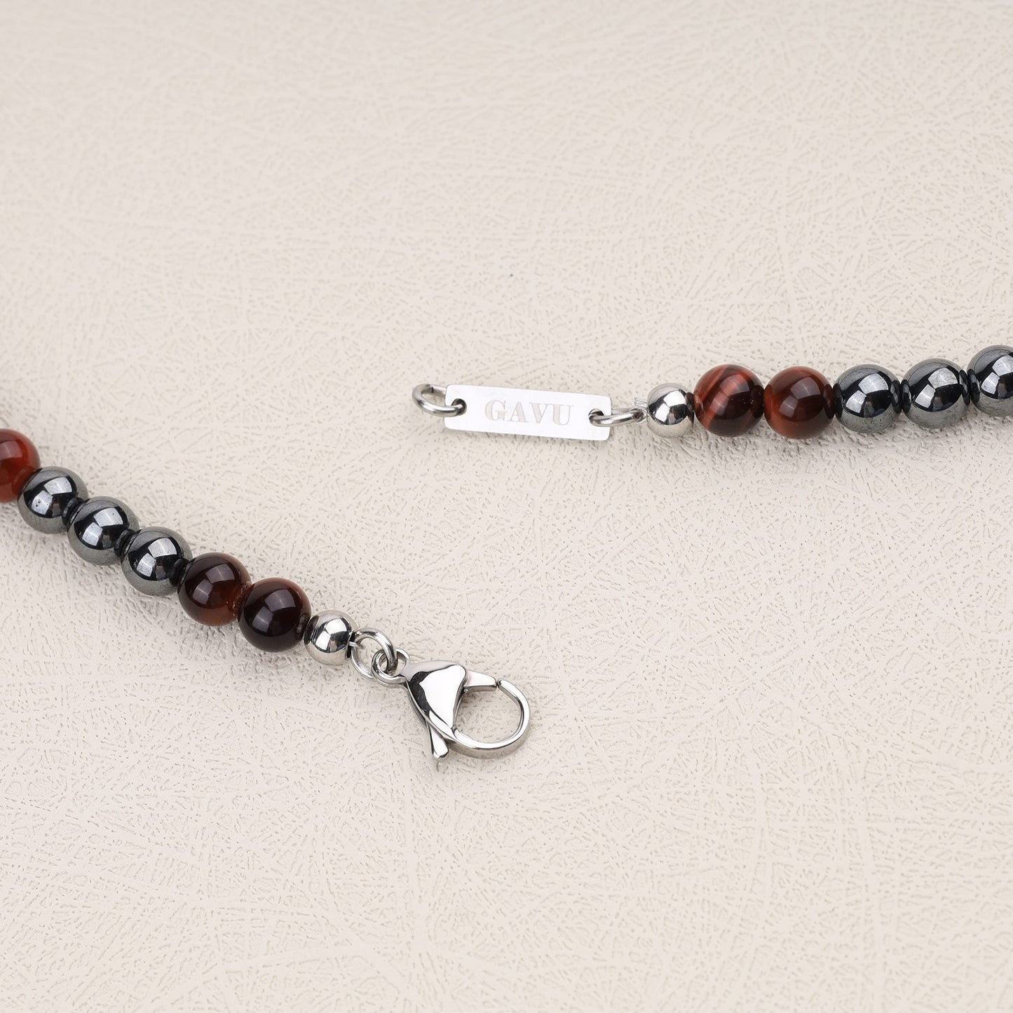 GAVU Red Tiger Eye Hematite Crystal Men's Beaded Necklace 20"