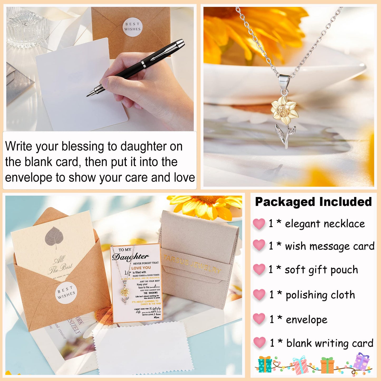 Tarsus Daughter Necklace, Daughter Gifts from Mom Mother's day Christmas Gift Sunflower Jewerly Birthday to My Daughter Valentines Necklaces for Teen