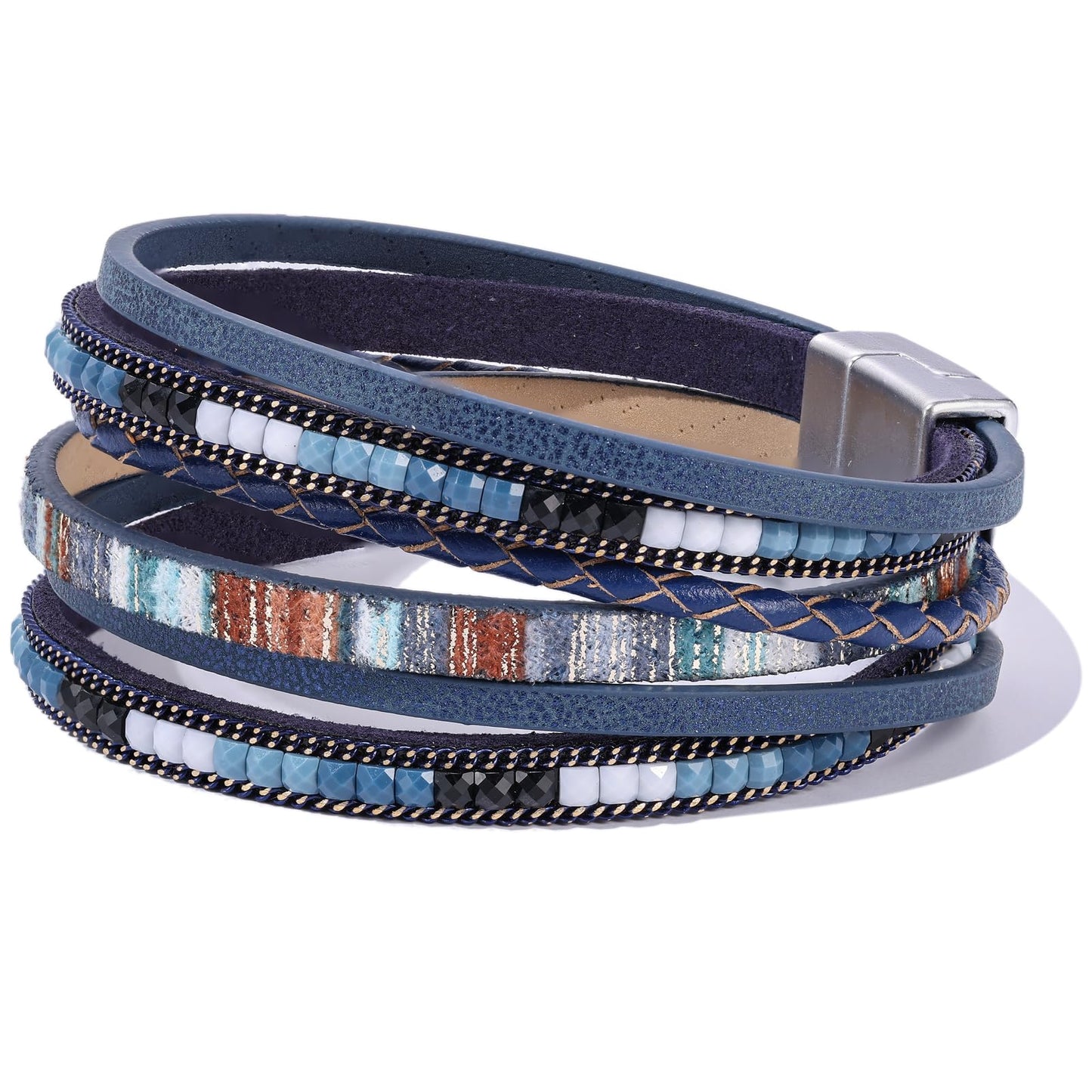 Becklynn Boho Leather Wrap Bracelets Beaded Crystal Stackable Cuff Bracelet with Magnetic Clasp Cowboy Cowgirl County Concert Outfits Western Jewelry Gifts for Women(Double Layer Navy)
