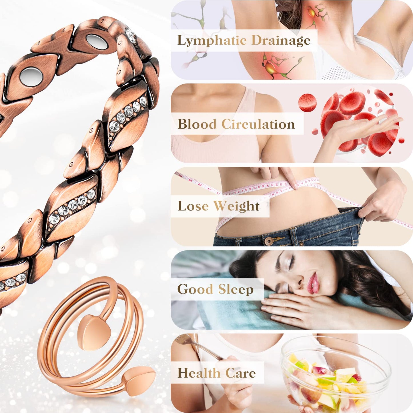 Copper Bracelets for Women, Magnetic Bracelets for Women & Heart-Shaped Lymphatic Drainage Ring with 3500 Gauss Magnet Classic Crystal Design Jewelry Gift