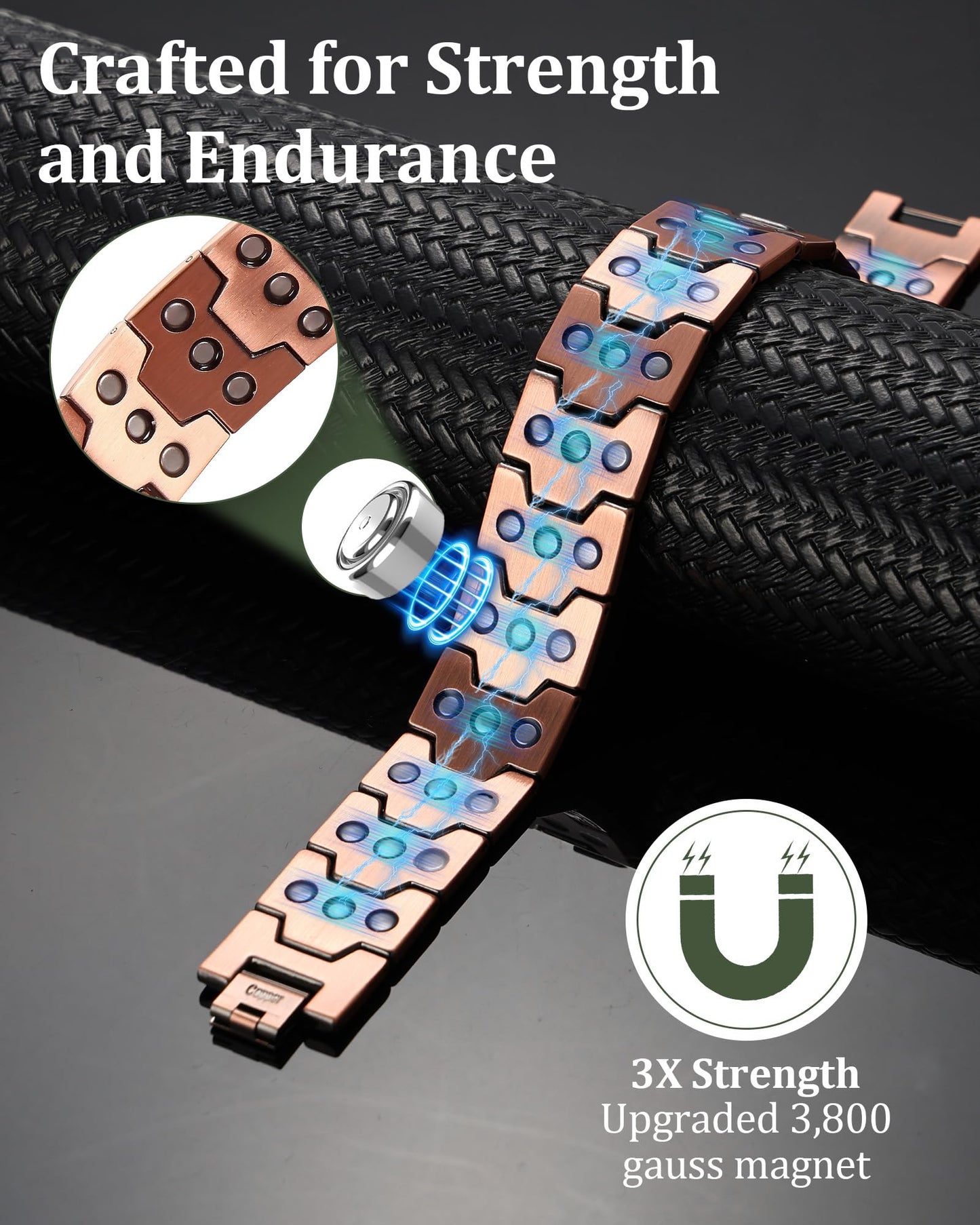 Fashtour 3X Copper Bracelet for Men Triple Ultra Strength Magnets, Masculine Design Pure Copper Magnetic Bracelet and Ring Set, Adjustable Length with Sizing Tool