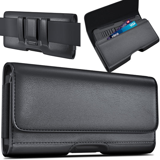 DeBin Cell Phone Case for iPhone Pro Max, Plus Models 16/15/14/13/12/11/Xs Max - Leather Belt Clip Holster with ID/Credit Card Pouch, Magnetic Closure - Black