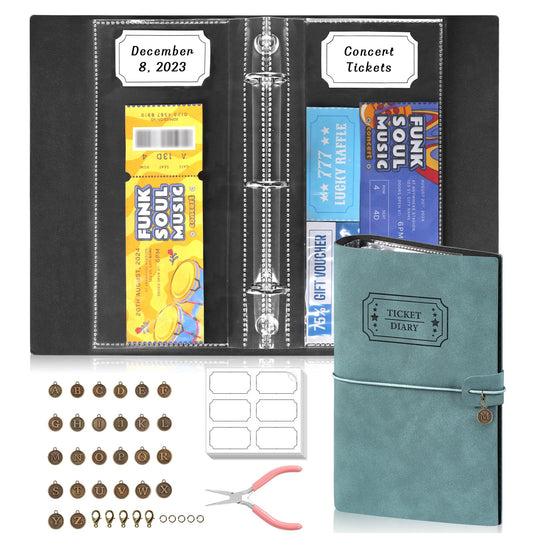 Blue PU Leather Ticket Stub Diary 3 Hole Ticket Stub Holder Album 6 x 9 Inch Ticket Stub Organizer with 40 PVC Pockets 42 DIY Stickies 26 Letter Charms for Collect Movie Concert Tickets Receipts
