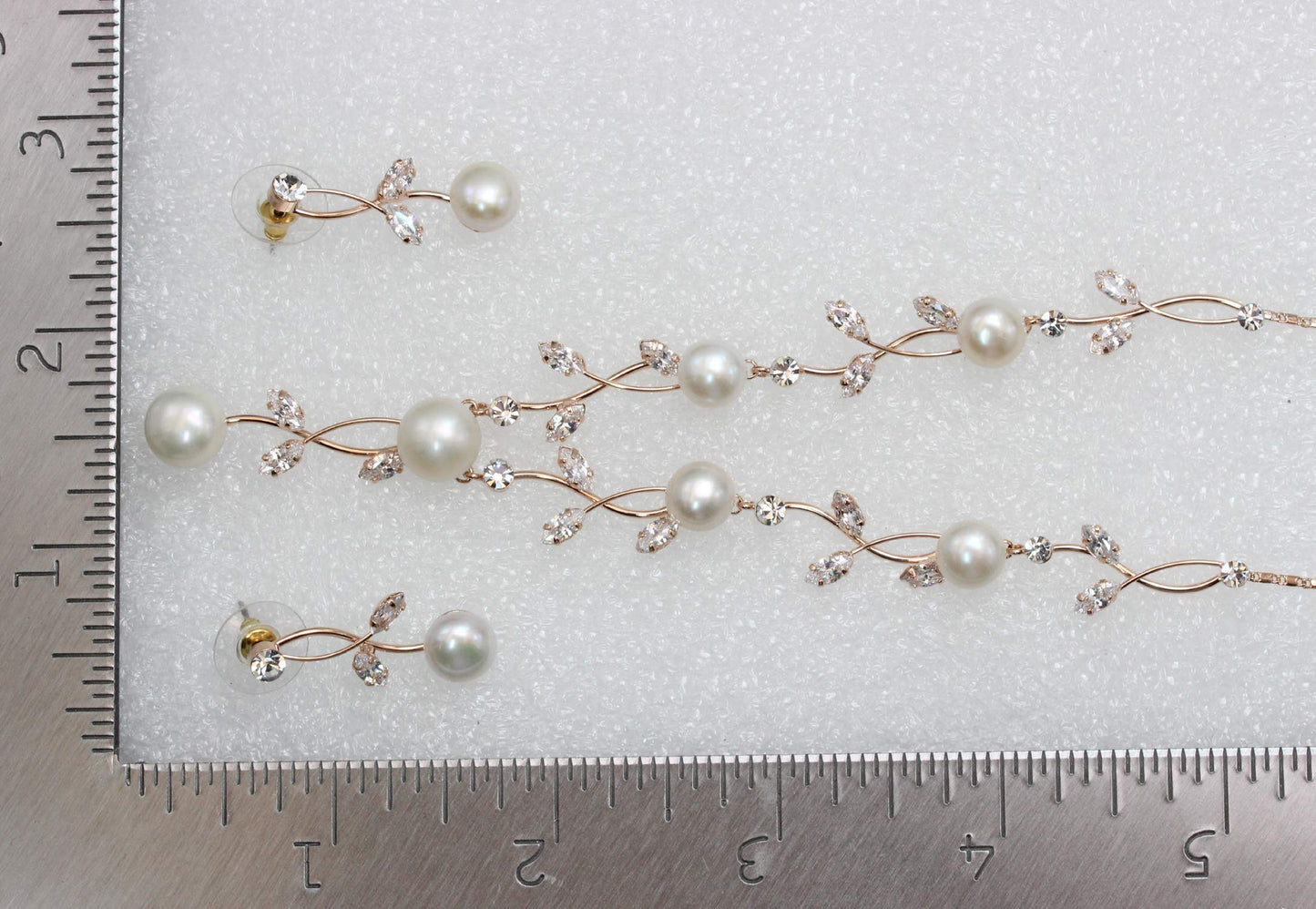 Faship Gorgeous CZ Crystal Genuine Freshwater Pearls Floral Necklace Earrings Set - Clear/Rose-Gold
