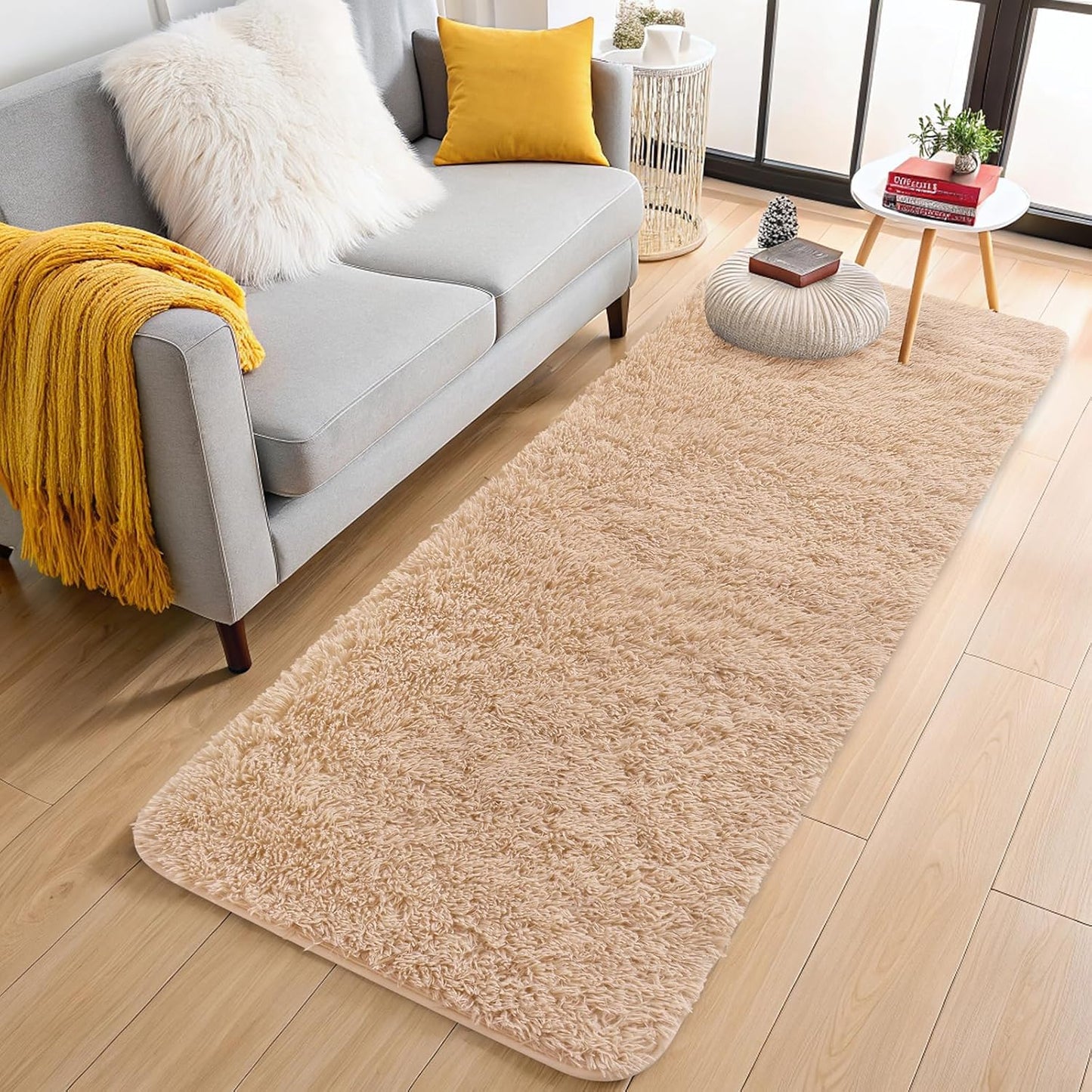 OLANLY Machine Washable Runner Rugs - Soft Fluffy Shaggy Indoor Carpet for Bedroom & Hallway | Beige
