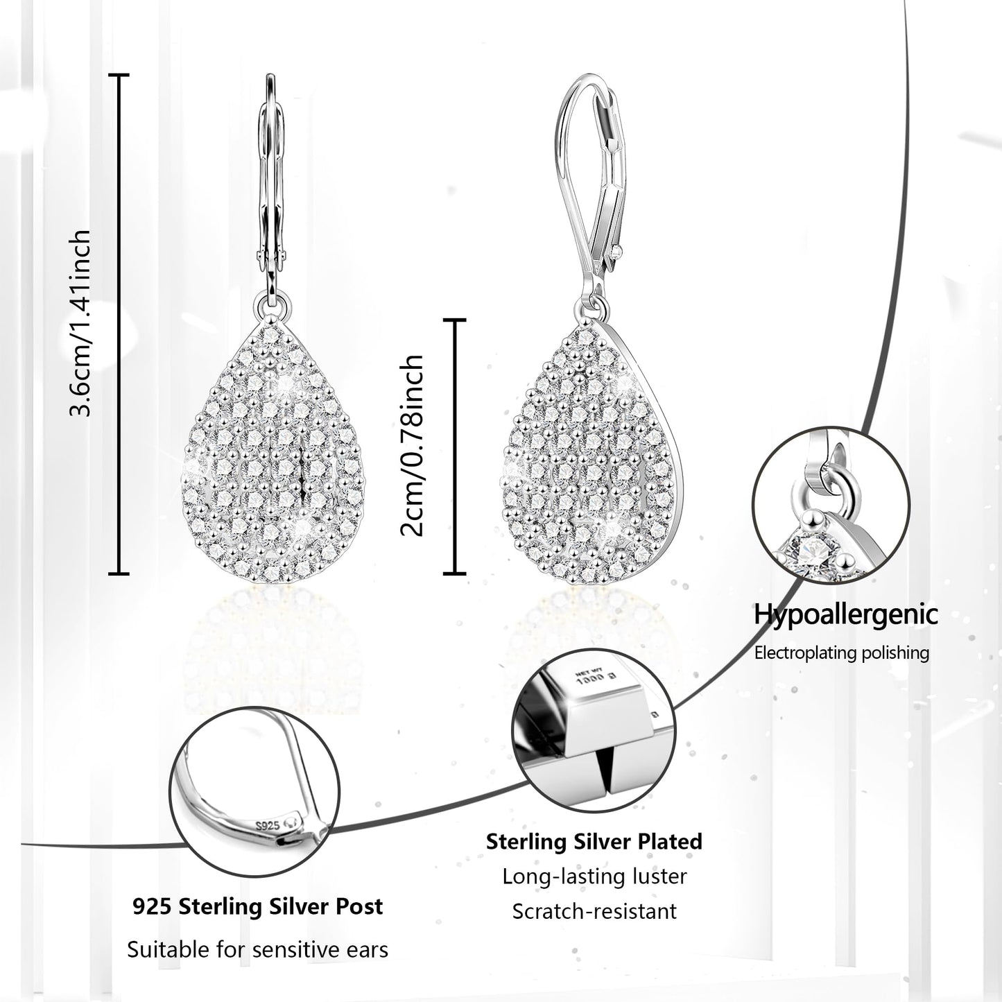 Teardrop Sterling Silver Leverback Earrings, ALEXCRAFT Teardrop Waterdrop Dangling Drop Leverback Earring for Women Trendy Hypoallergenic 925 Sterling Silver Cubic Zirconia Dangle Earrings for Women