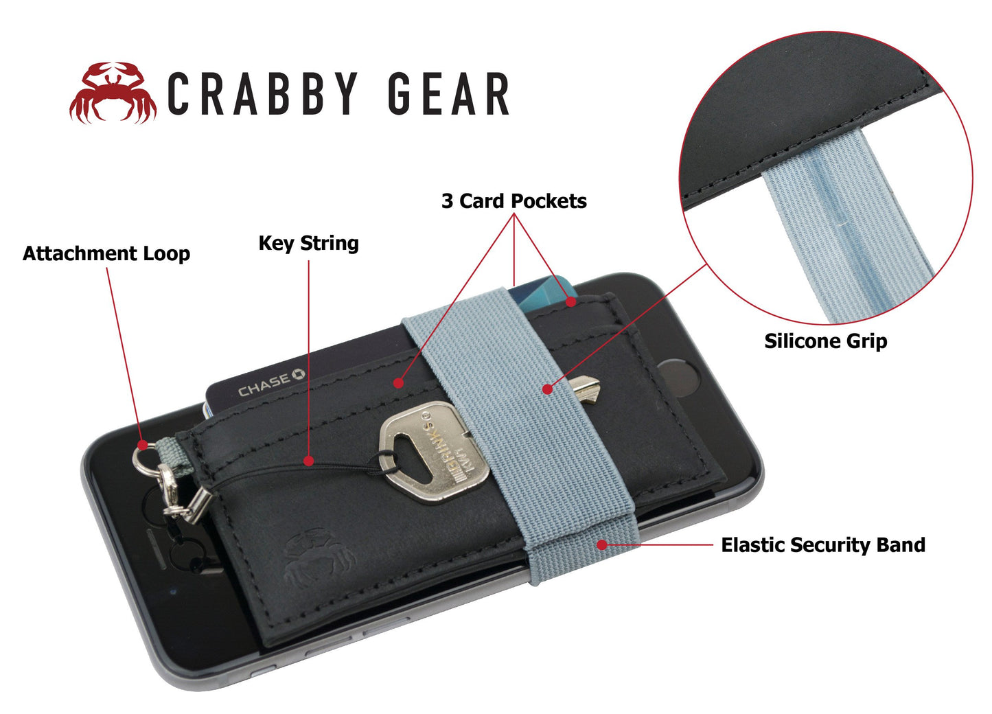 Crabby Gear - Front Pocket Wallet - Minimalist Wallet - Mammoth Black - Leather - Carry Cards, Cash, Phone, Keys - Lobster Claw Keychain Included- Ultra Thin 4"x2"