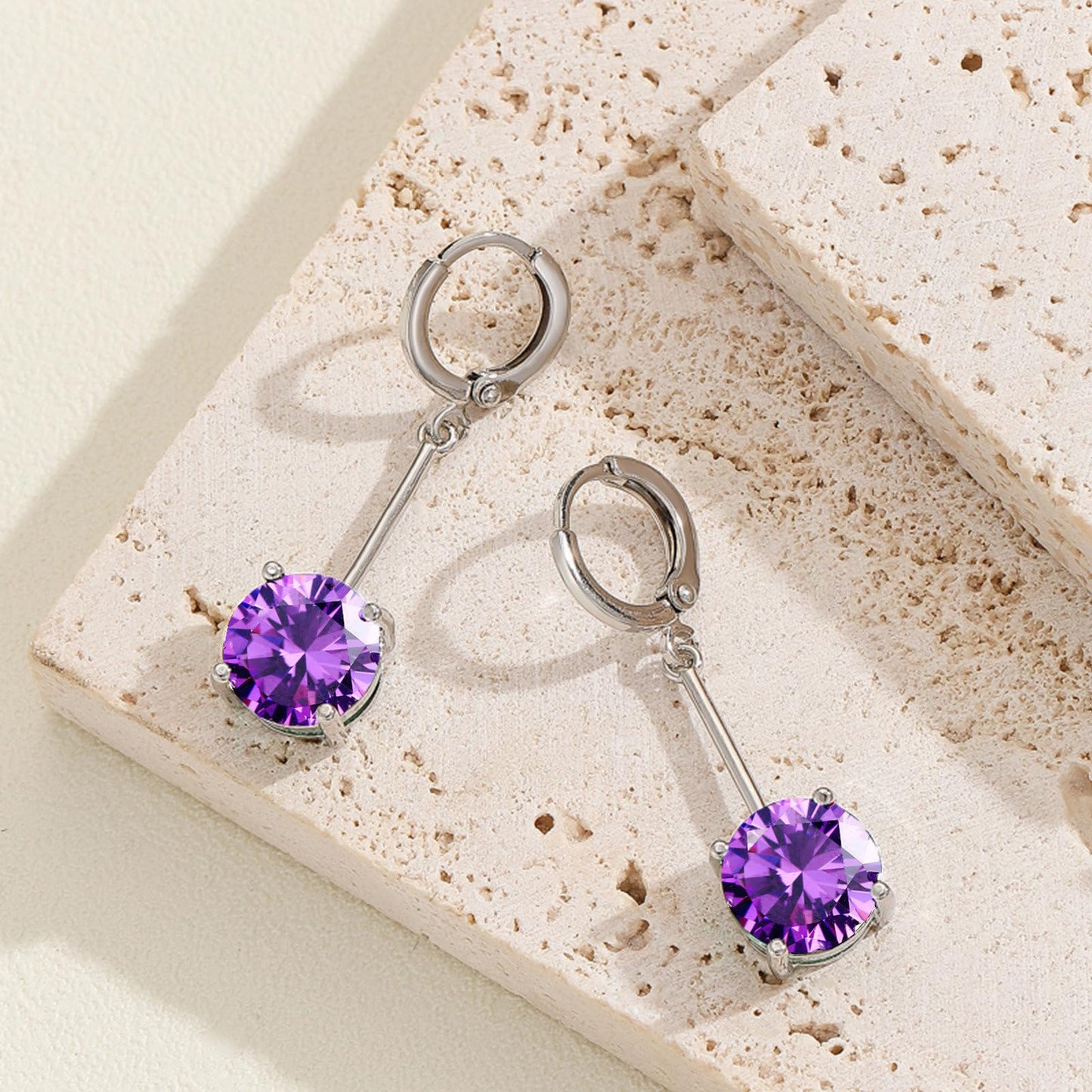 VONSSY Gemstone Drop Dangle Earrings | Platinum /Gold Plated Leverback Crystal Cubic Zirconia Hanging Red /Pink/Blue Earrings (Purple-Platinum)