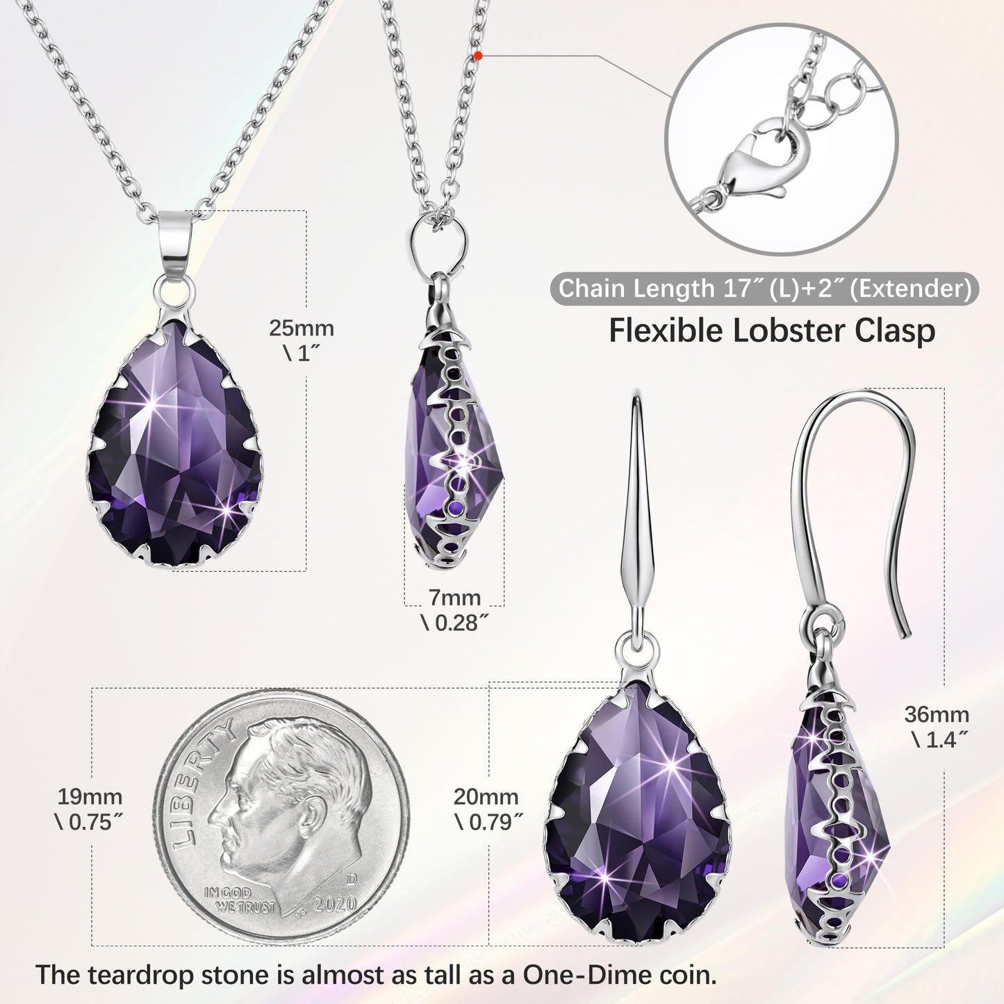 Linawe Amethyst Crystal Purple Pendant Necklace, Silver Jewelry Set, Lavender Imitation Diamond Rhinestone Dangle Earrings, Boho Wedding Jewelry Teardrop Cubic Zirconia Birthstone