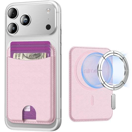 Miroddi for Magsafe Wallet, Magnetic Card Holder for iPhone 17/16/15/14/13/12 Series, Leather Magnet Phone Wallet Fit 4 Cards 3 Cash, Ultra-Thin, RFID Blocking, Light Pink