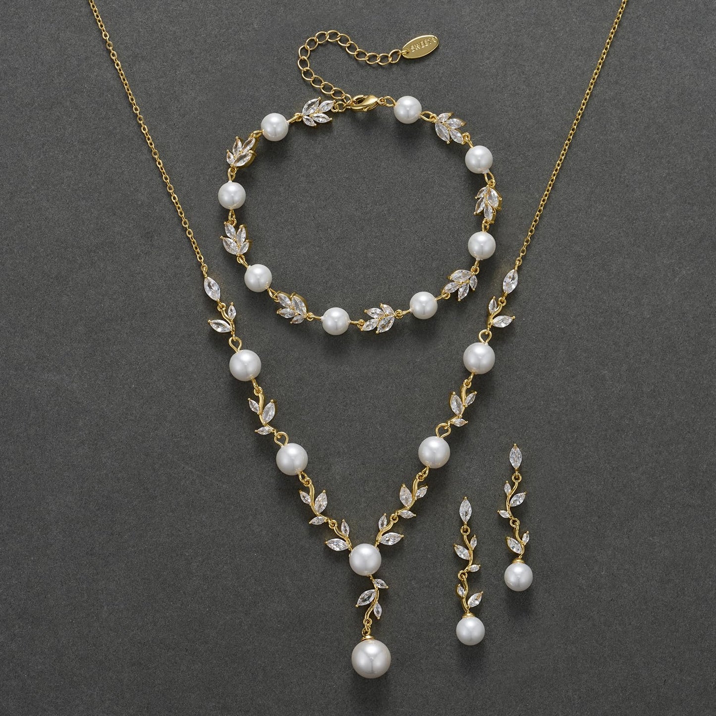 SWEETV Gold Wedding Jewelry Set for Bride Women, Cubic Zirconia Pearl Bridal Earrings Necklace Bracelet Set, Bridal Jewelry Set for Wedding Prom