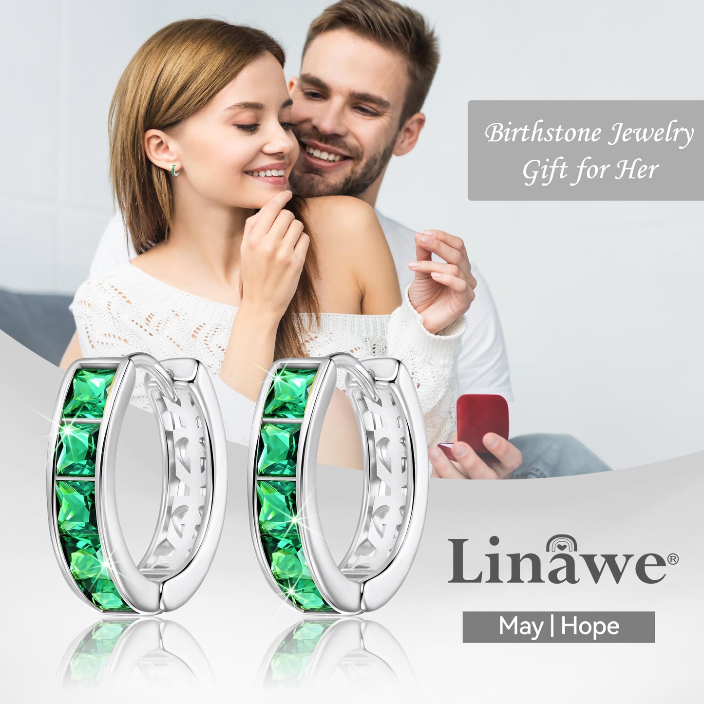 Linawe Silver Small Hoop Earrings for Women - Trendy Emerald Green Huggie Earrings with Cubic Zirconia, Cartilage Mini Hoop, Cute Flat Back