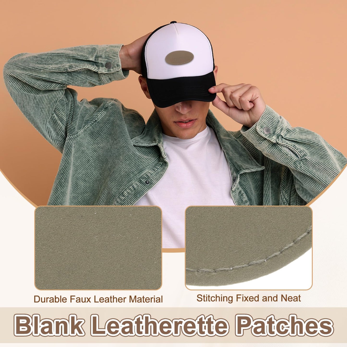 MECCANIXITY Blank Leatherette Patches, Faux Leather Hats Patches Sets with Adhesive Iron-on Heat Press Laserable Rustic for Hats DIY Fabric Repair Sew(Light Brown, Pack of 60)