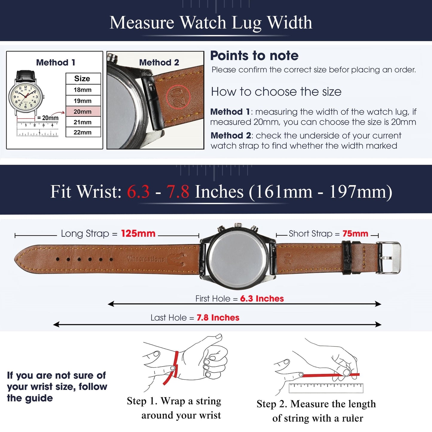 vinacreations 20mm Vintage Black Leather Watch Band Men Quick Release Replacement Strap Soft Handmade Wristband Stainless Steel Buckle, Christmas Fathers Day Gift for Dad Son Husband DH-201-20MM