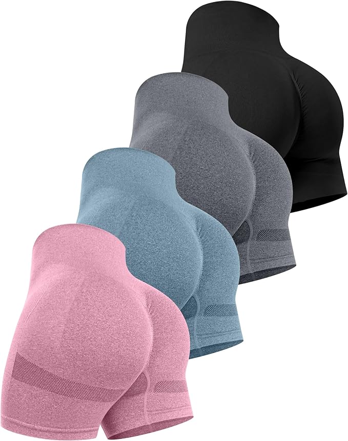 CHRLEISURE Women's 4 Packs Workout Gym Shorts, High Waisted Butt Lifting Scrunch Butt Seamless Booty Shorts