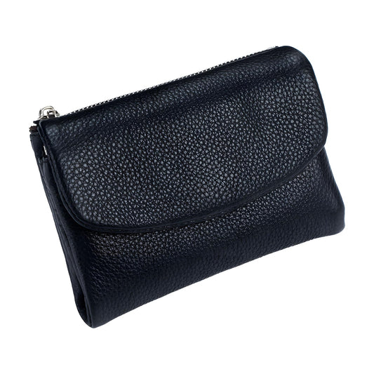 YRounee Genuine Leather Wallet for Women, Slim RFID Clutch with Coin Pocket, Soft Pebble Short Card Holder ID Case 5.3in (Black)