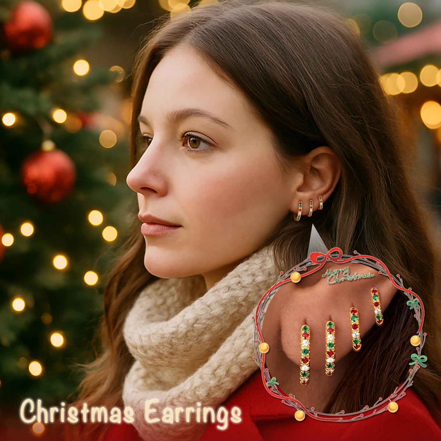 Christmas Earrings for Women, Gold Red Green Hoop Festive Holiday Earring Set for Christmas Stocking Stuffer Jewelry Gifts