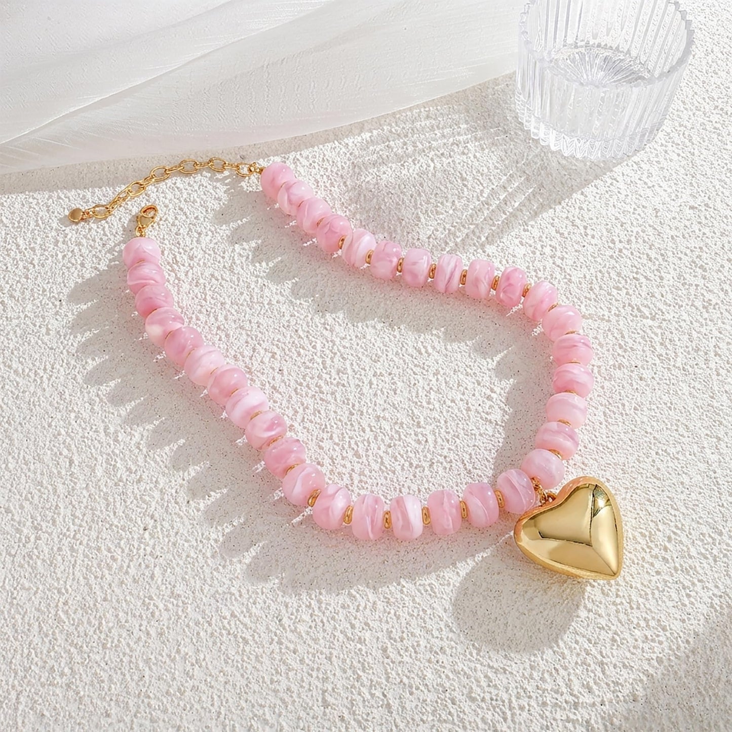 ENSKEFEN Chunky Heart Necklaces for Women Cute Pink Resin Beaded Choker Necklace Trendy Light Pink Statement Necklace Summer Beach Vacation Jewelry