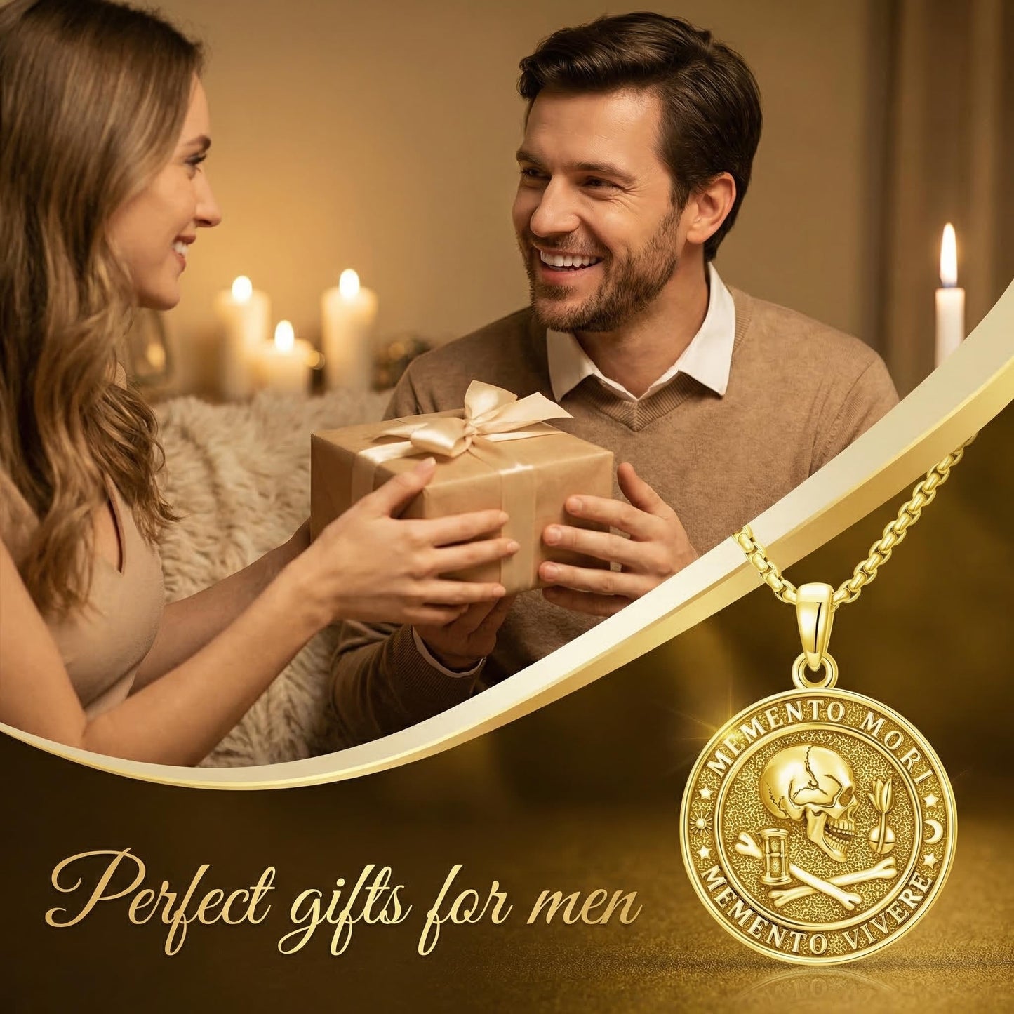 POIUY Memento Mori Necklace for Men Gothic Gold Skull Pendant Stoicism Mori Jewelry Tree of Life Amulet Protection Gifts for Men Women 22+2 Inch Chain