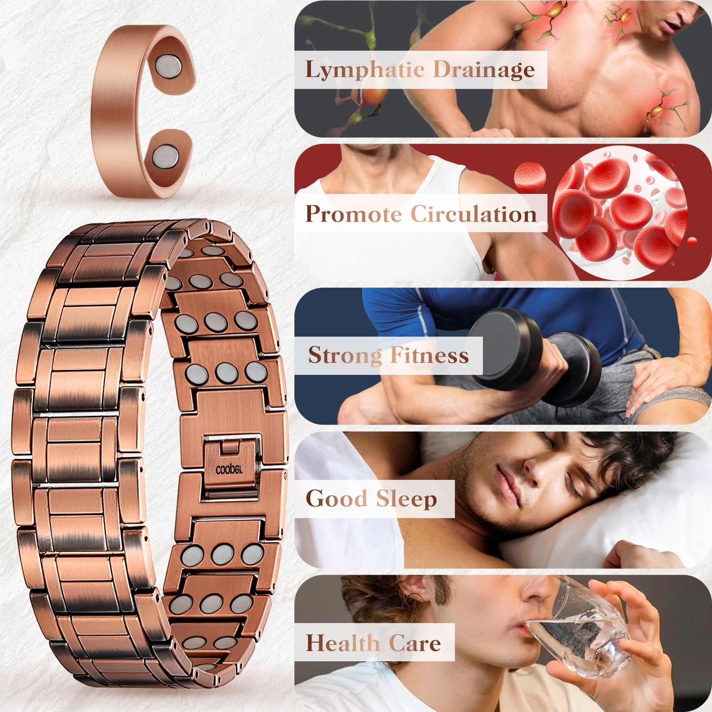 Mahnco Copper Magnetic Bracelet for Men, 3X Ultra Strength 99.99% Pure Copper Bracelets with Magnets,Men's Magnetic Jewelry with Adjustable Sizing Tool