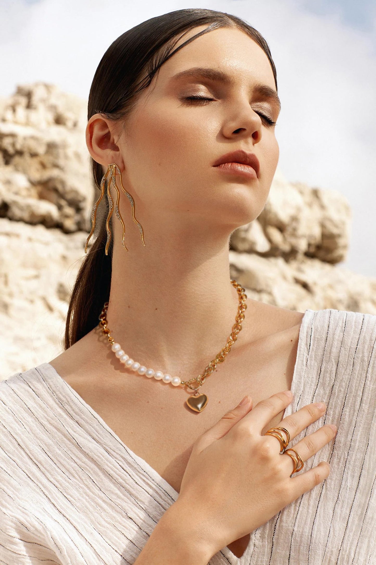CANEVINKA 18K Gold Plated Dainty Pearl Chain Choker Necklace Puffy Heart Pendant Jewelry Gifts for Women