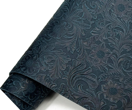 Western Style Bump Texture Geometric Pattern 2.0mm(5-5.5oz) Genuine Leather Sheet, Floral Tooling Craft Leather for DIY Projects（Navy Blue | Pattern 12"x24"）