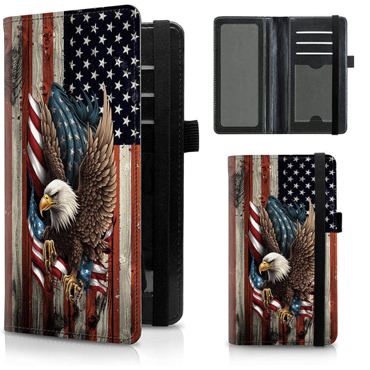 FUYOCWE Leather Checkbook Cover for Men Women Check book Holder Cover Wallets for Personal Checkbook Checks with RFID Blocking & Elastic Strap-Bald Eagle with Flag