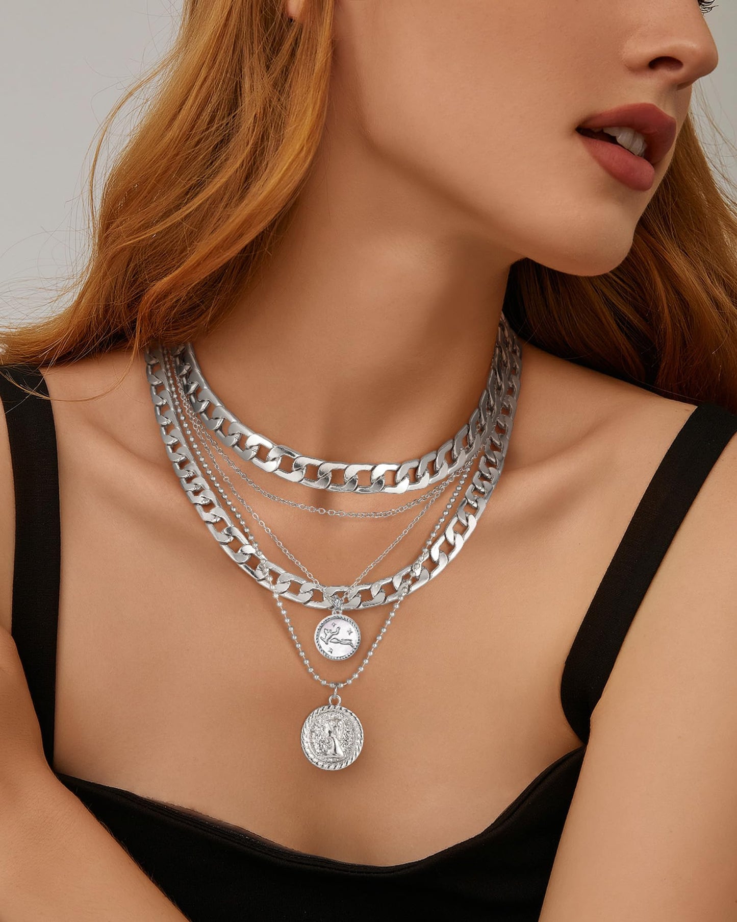 MJartoria Gold Layered Necklaces for Women Trendy Retro Coin Pendant Necklace Dainty Chunky Chain Choker Necklaces for Jewelry Birthday Gifts (Silver, Zodiac-Virgo-3PCS Layered)