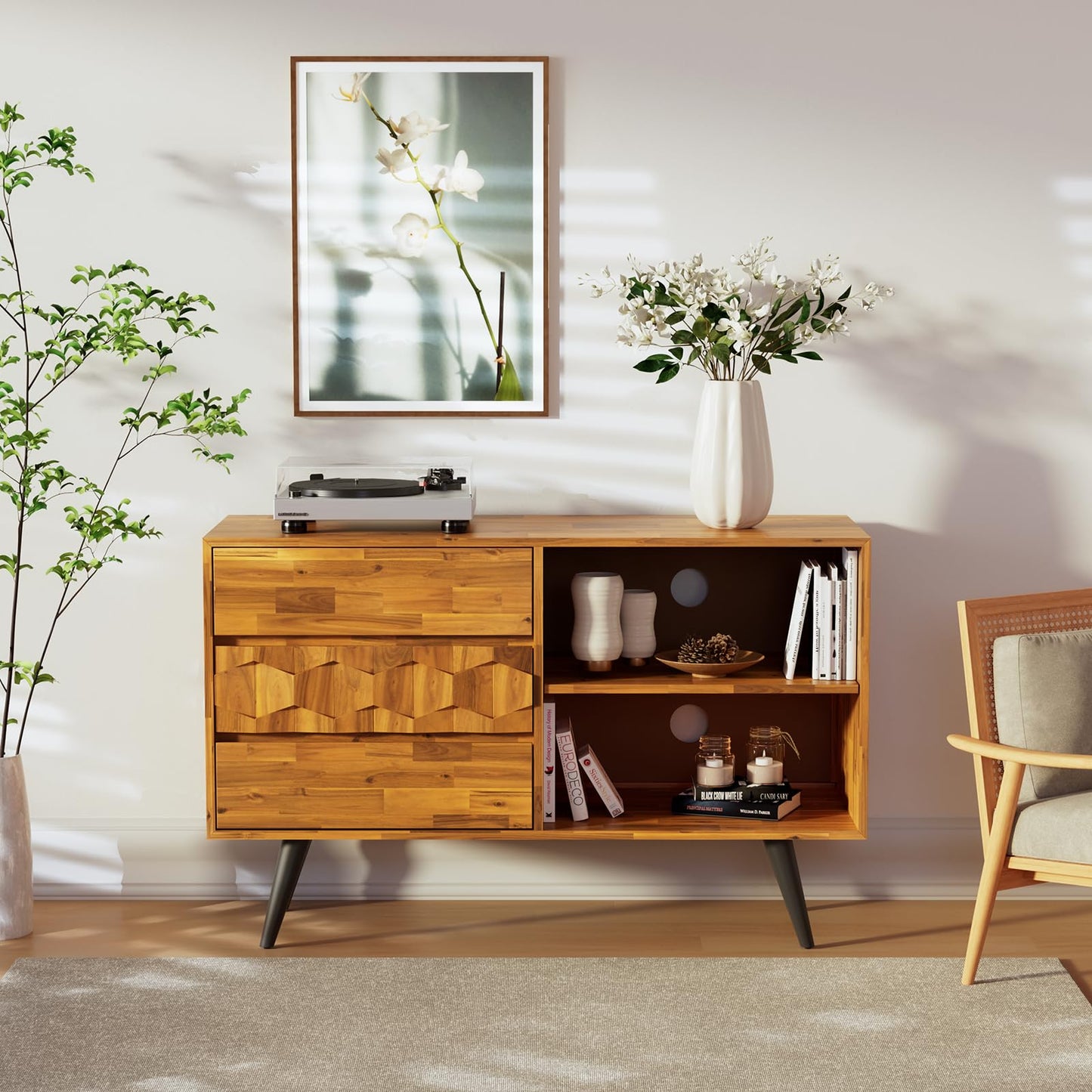 Bme Georgina 45 Inch Solid Wood TV Stand, Under 10 Minutes Assembly Entertainment Center with Storage, Geometric Pattern TV Console for Living Room, Bedroom, Dinning Room - Teak Brown