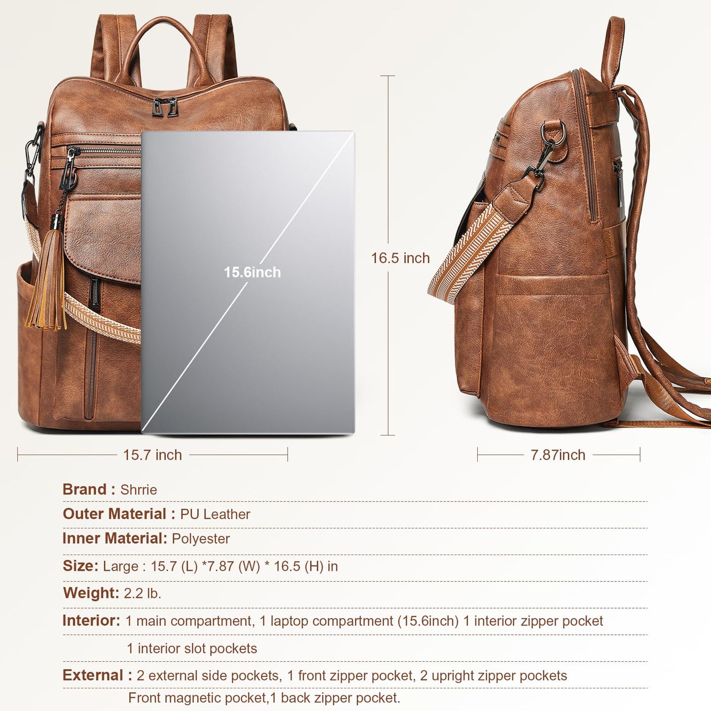 Shrrie Laptop Backpack for Women 15.6 inch,Travel Leather Backpack Purse Nurse Teacher Carry on Backpack Computer Bag,Professional Water-Resistant College Business Work Casual Daypack,Two-toned Brown