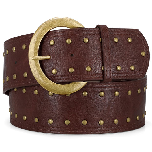 WOWOGO Dark Brown Wide Chunky Leather Belts for Women 2.3" Western Vintage Boho Studded Thick Waist Belt for Dresses