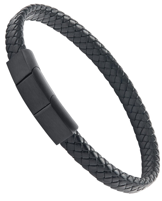 Forge & Foundry Men's Genuine Interwoven Leather Braided Bracelet with Matte Black Custom Engraved Stainless Steel Clasp | “Hanover” | Artist Collaboration Design | Medium Adjustable