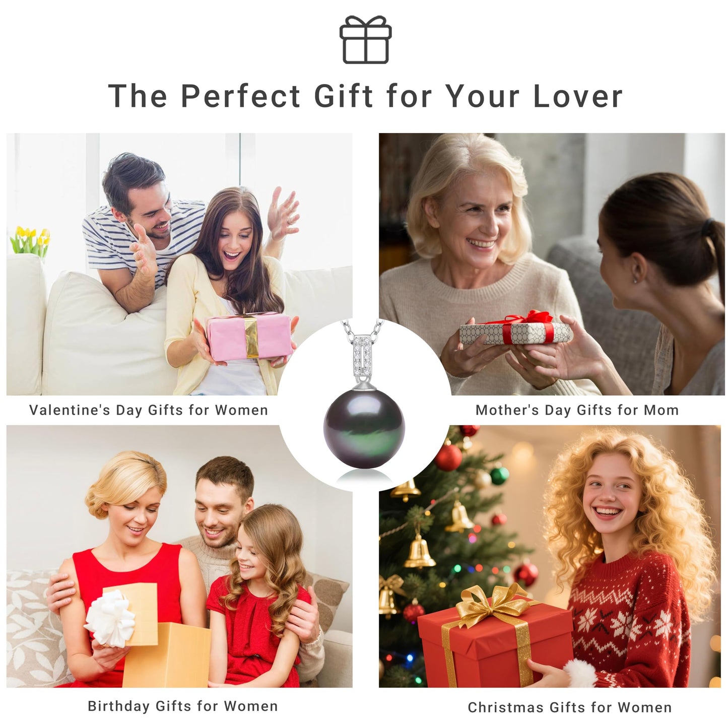 12-13mm Tahitian Black Pearl Pendant Necklace for Women, Genuine Cultured Pearl, 925 Sterling Silver, Simple Elegant Jewelry Gift for Wife Mom Girlfriend