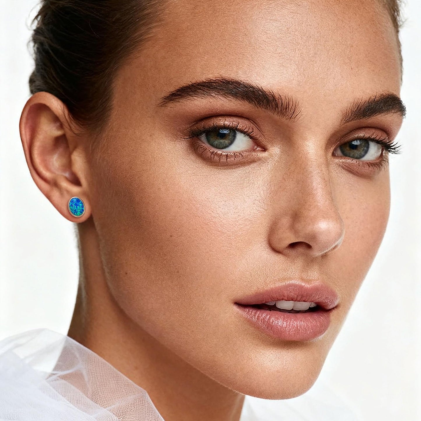 JiayangJY Silver Blue Fire Opal Stud Earrings for Women 18K White Gold Plated Sterling Silver Oval Shape 6mm Opal Earrings with Push Back