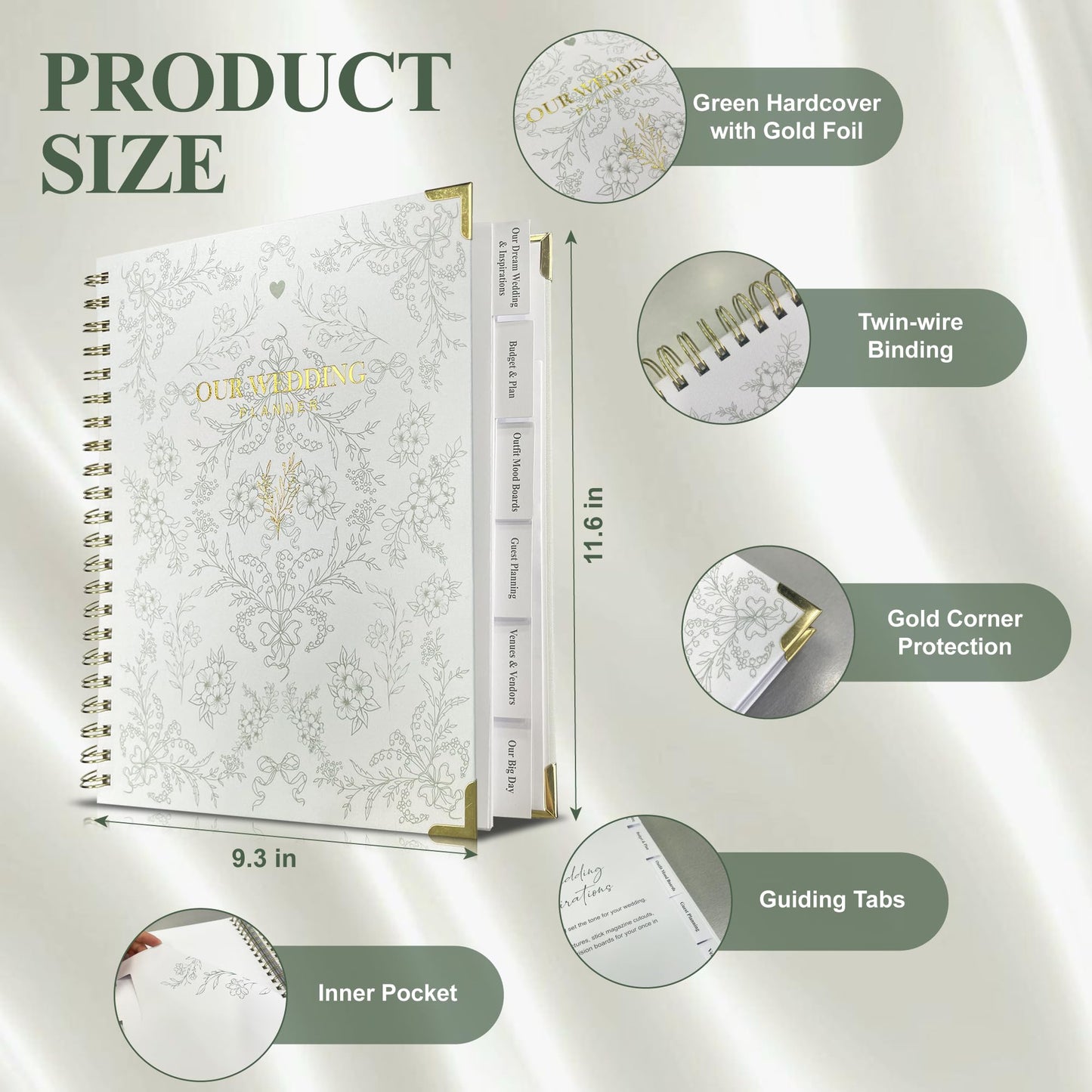 Bride Squad Wedding Planner Book and Organizer | Bridal Wedding Planner Book with Countdown Calendar & Checklists | A Meaningful Engagement Gifts for Couples, Green & White Floral