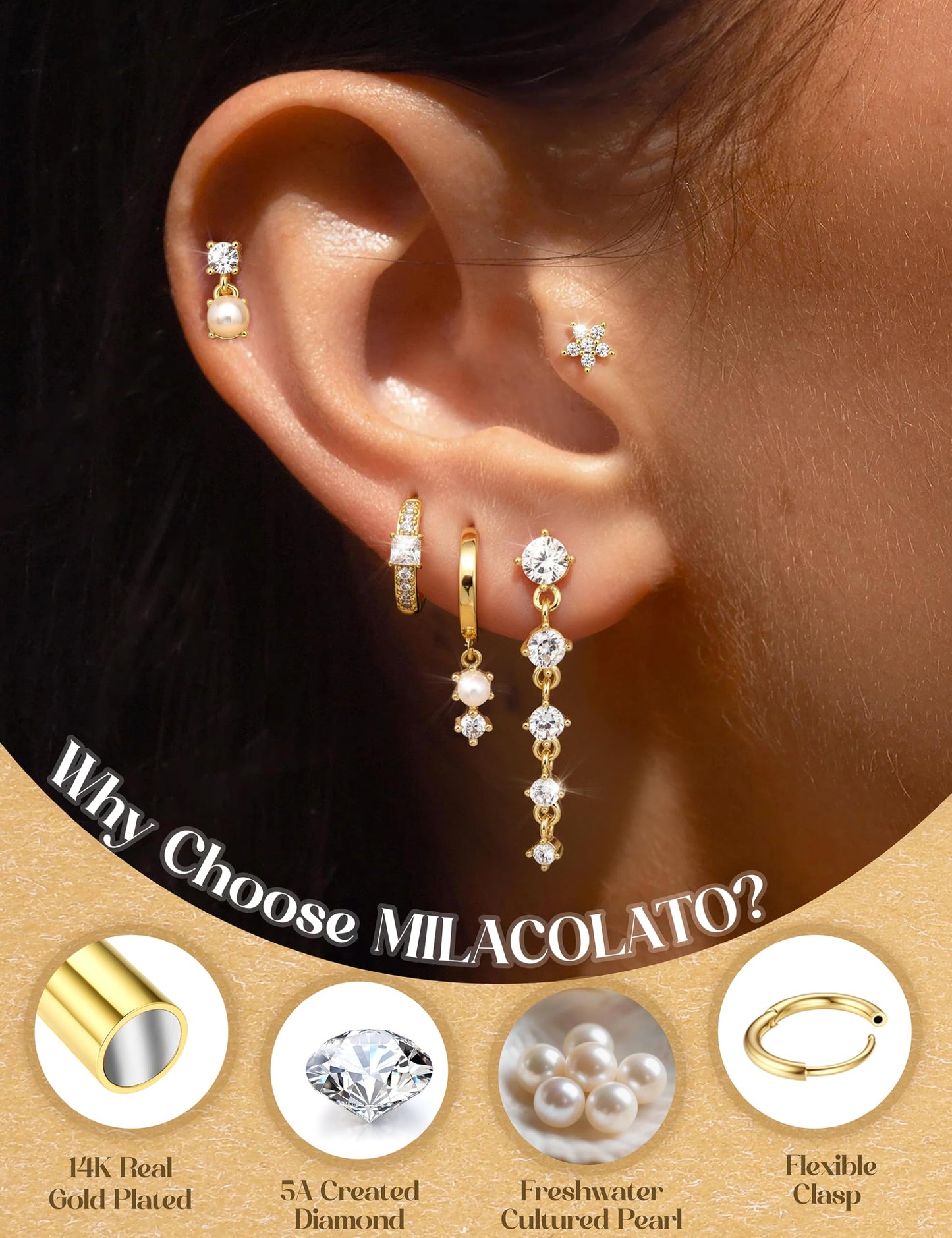 MILACOLATO 5Pairs 925 Sterling Silver Earrings for Women 14K Gold Plated Stud Huggie Hoop Earrings Sets for Multiple Piercing Hypoallergenic CZ Pearl Cartilage Earrings Stacks Trendy Gifts