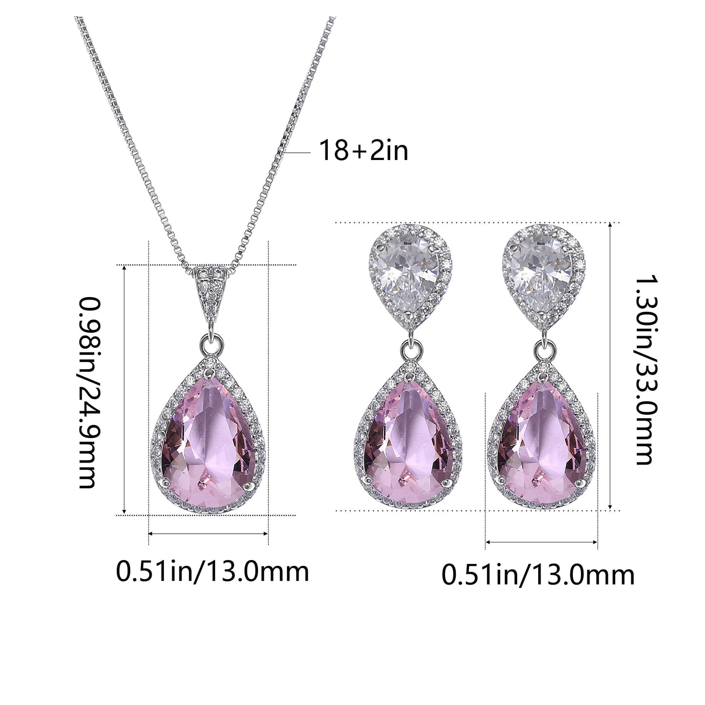 AMYJANE Wedding Jewelry Set for Bridesmaids - Women's Elegant Sterling Silver Pink Teardrop Crystal Cubic Zirconia Rhinestone CZ Necklace Set Bridal Party Prom Jewelry Sets